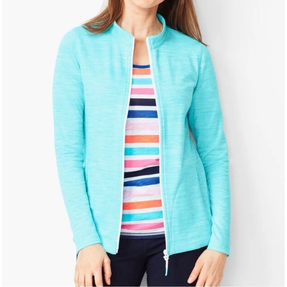 T by Talbots Striated Stand-up Collar Full Zip Jacket Turquoise Women S Athletic